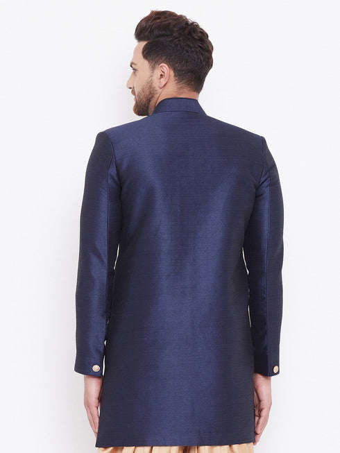 Vastramay Men's Navy Blue Silk Blend Sherwani Only Top